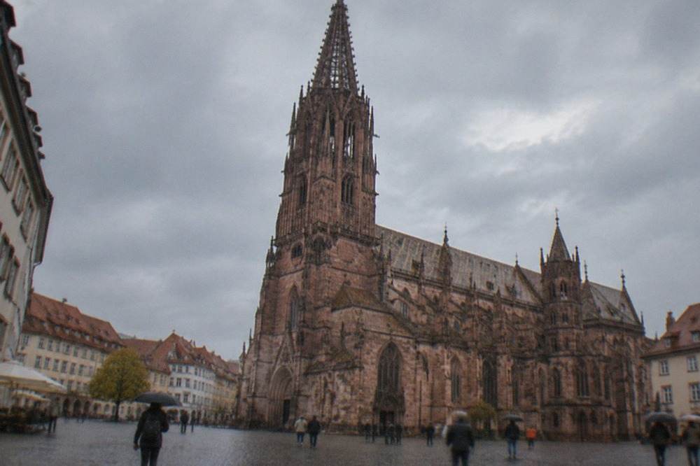 The Freiburg Münster rising above the red rooftops of the old town