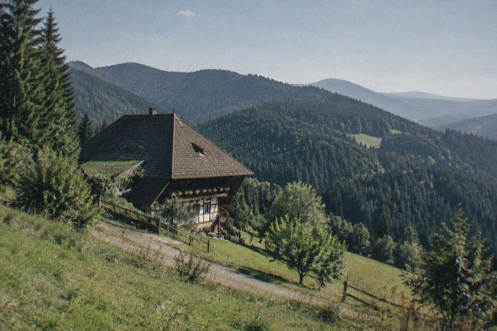 Panorama of wooded Black Forest ridges fading into morning haze under a clear sky
