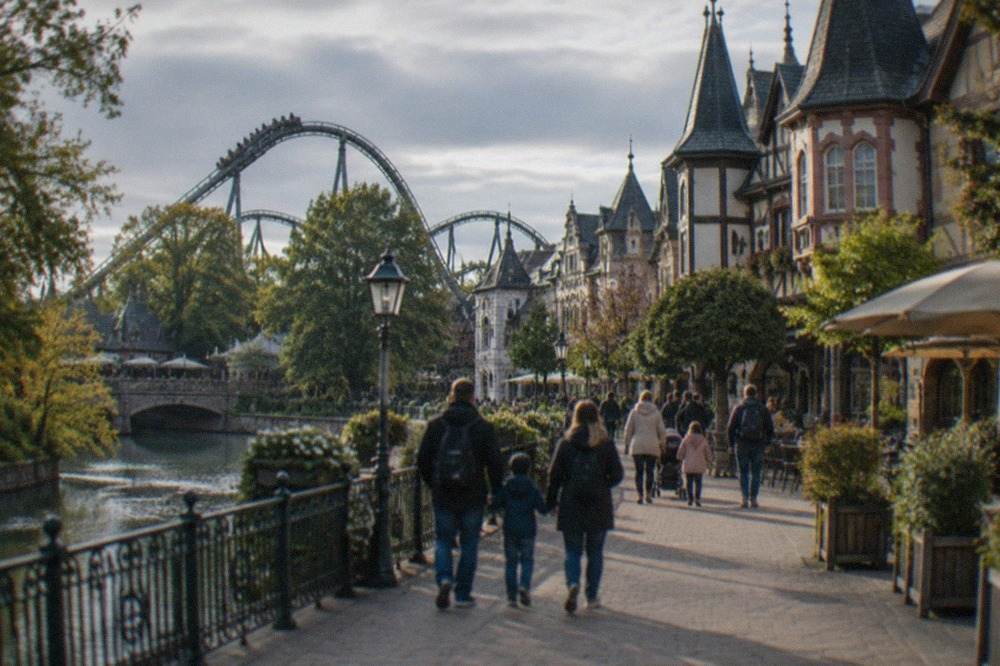 Families walking along a themed European street in a large theme park with decorative facades