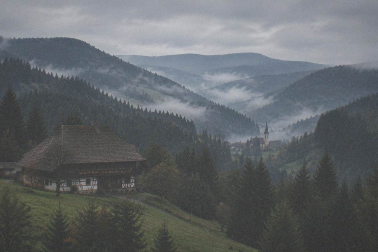 Rolling forested hills with mist in the valleys and a small village church spire