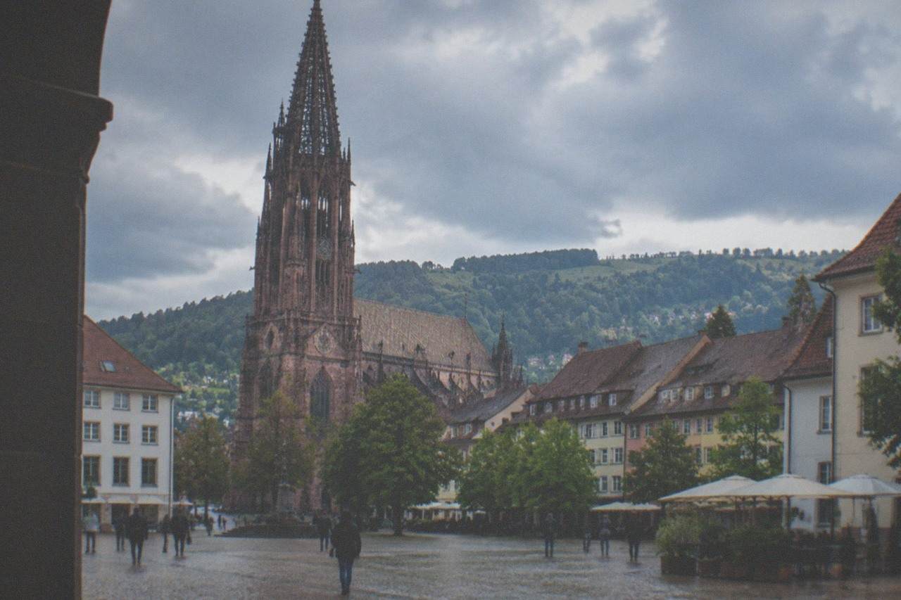 Freiburg old town rooftops with the minster tower rising above tiled roofs and green hills