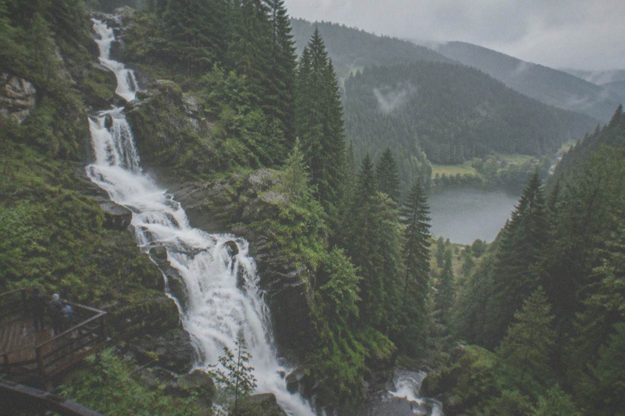 Misty forest hills with a small lake in a valley below wooded slopes