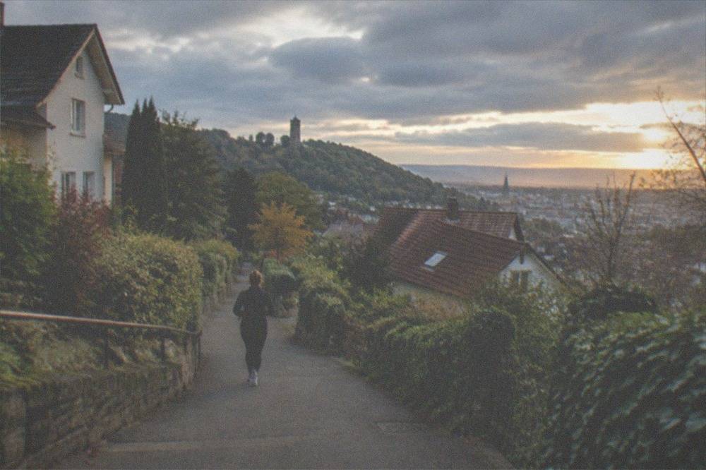 A stone observation tower on a wooded hill above a city at sunset
