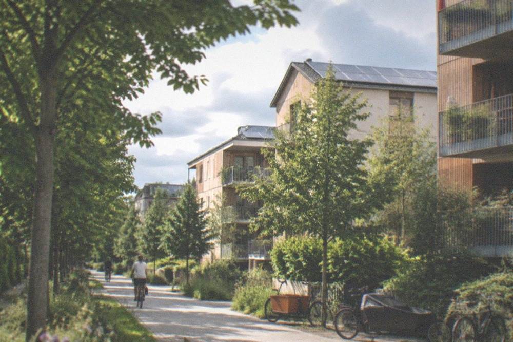 Green residential street with mature trees and modern balconies under a summer sky