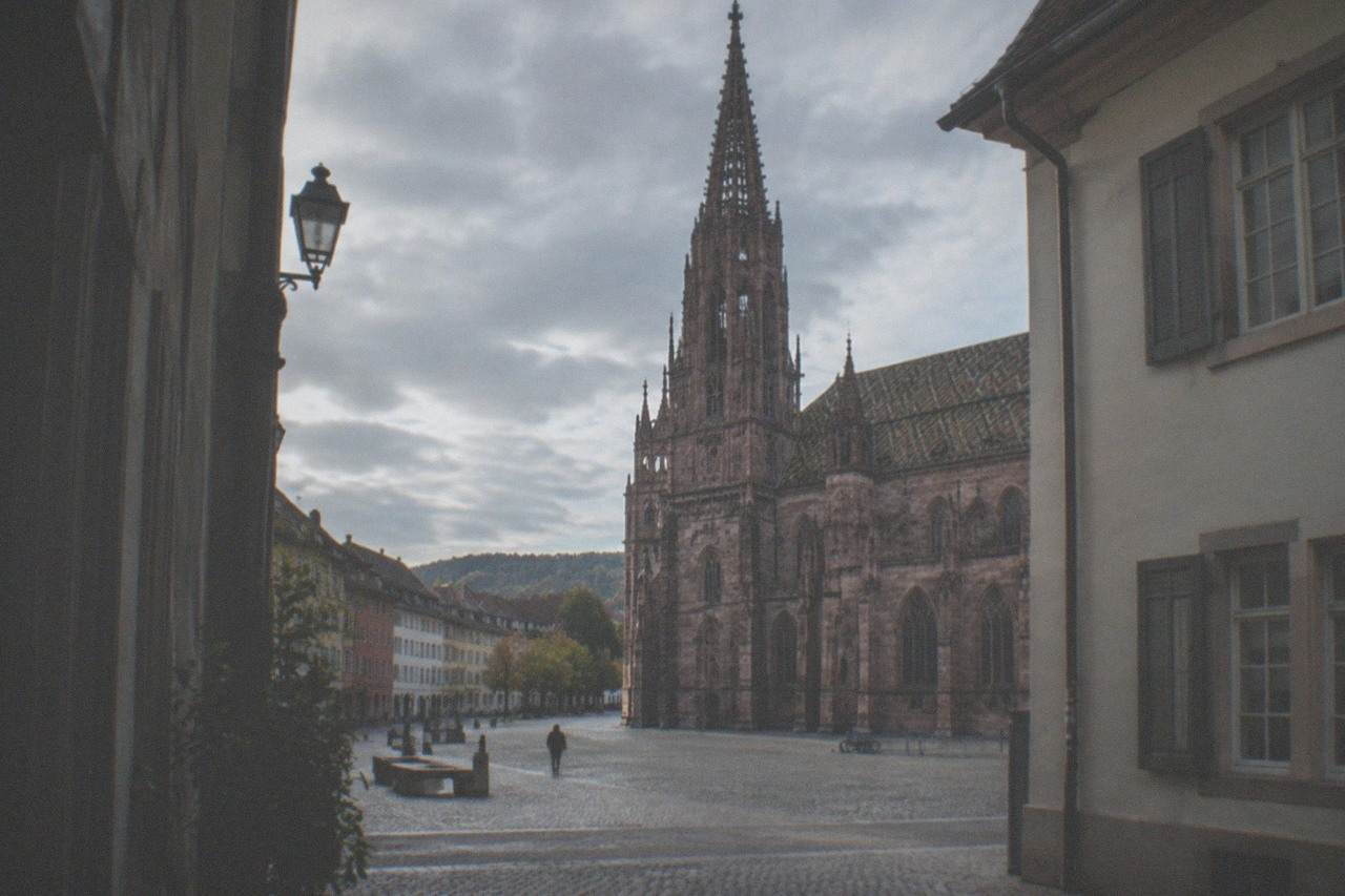Quiet residential street with old buildings on the edge of a Freiburg district