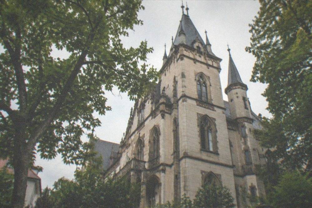 A historic villa facade with ornate brickwork seen through trees from a quiet street