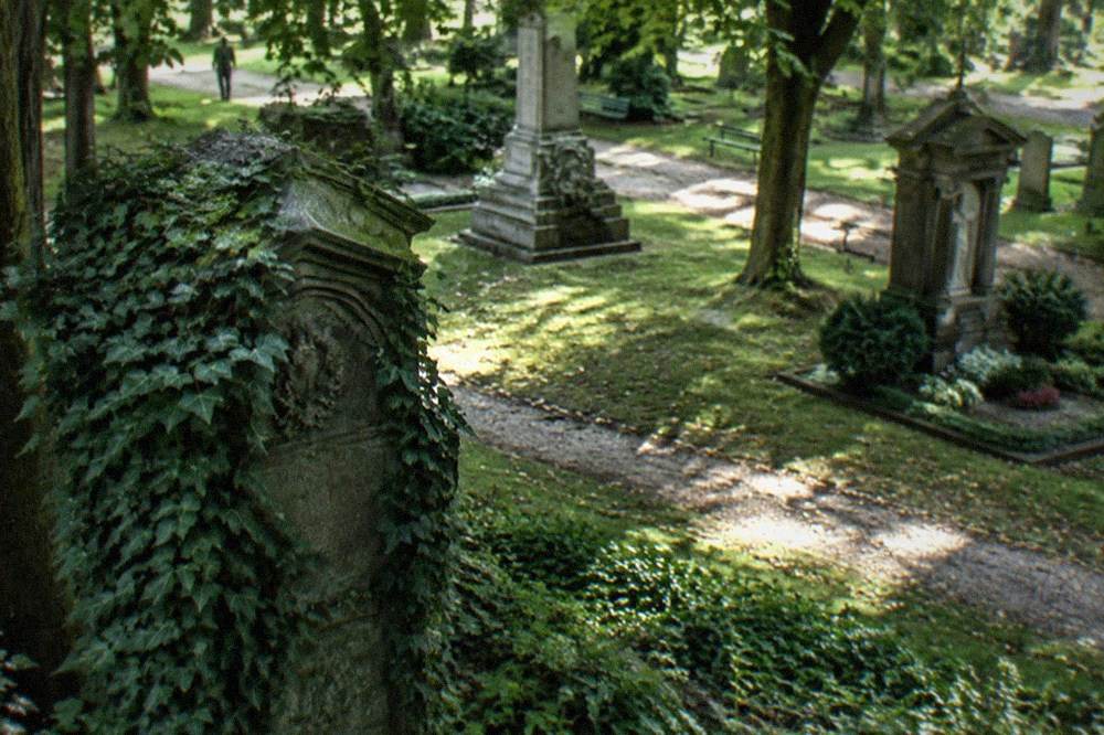 ivy covered historic tombstone with carved lettering in shade