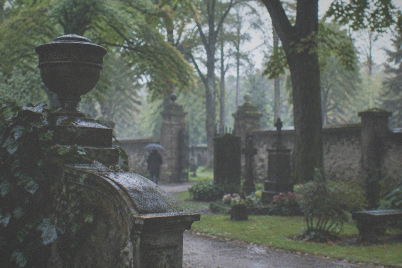 old cemetery wall with stone gateposts and mature trees behind it