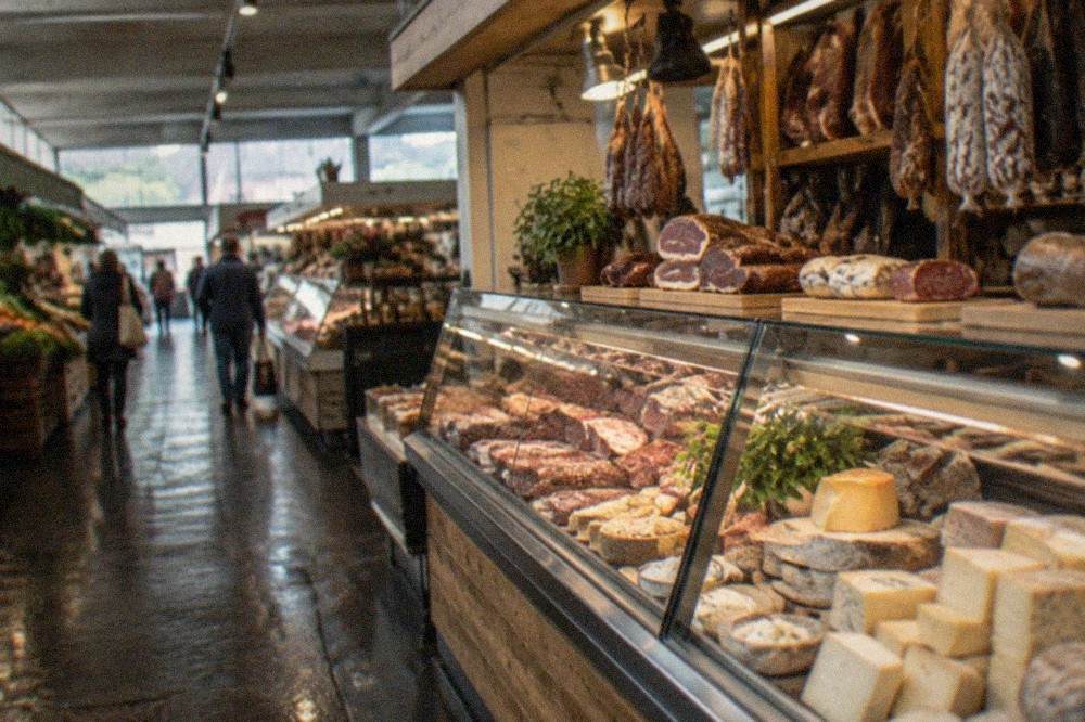 Market counter with regional sausages, hams and cheeses under display glass