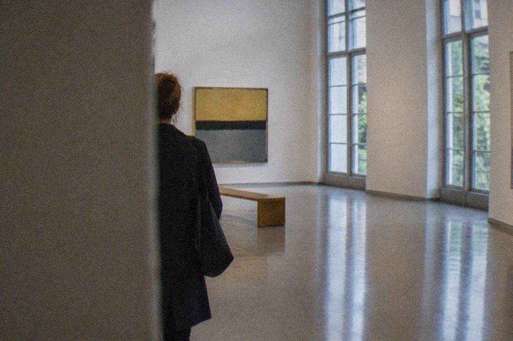Bright museum gallery with modern paintings hung on white walls and polished floor reflecting daylight.