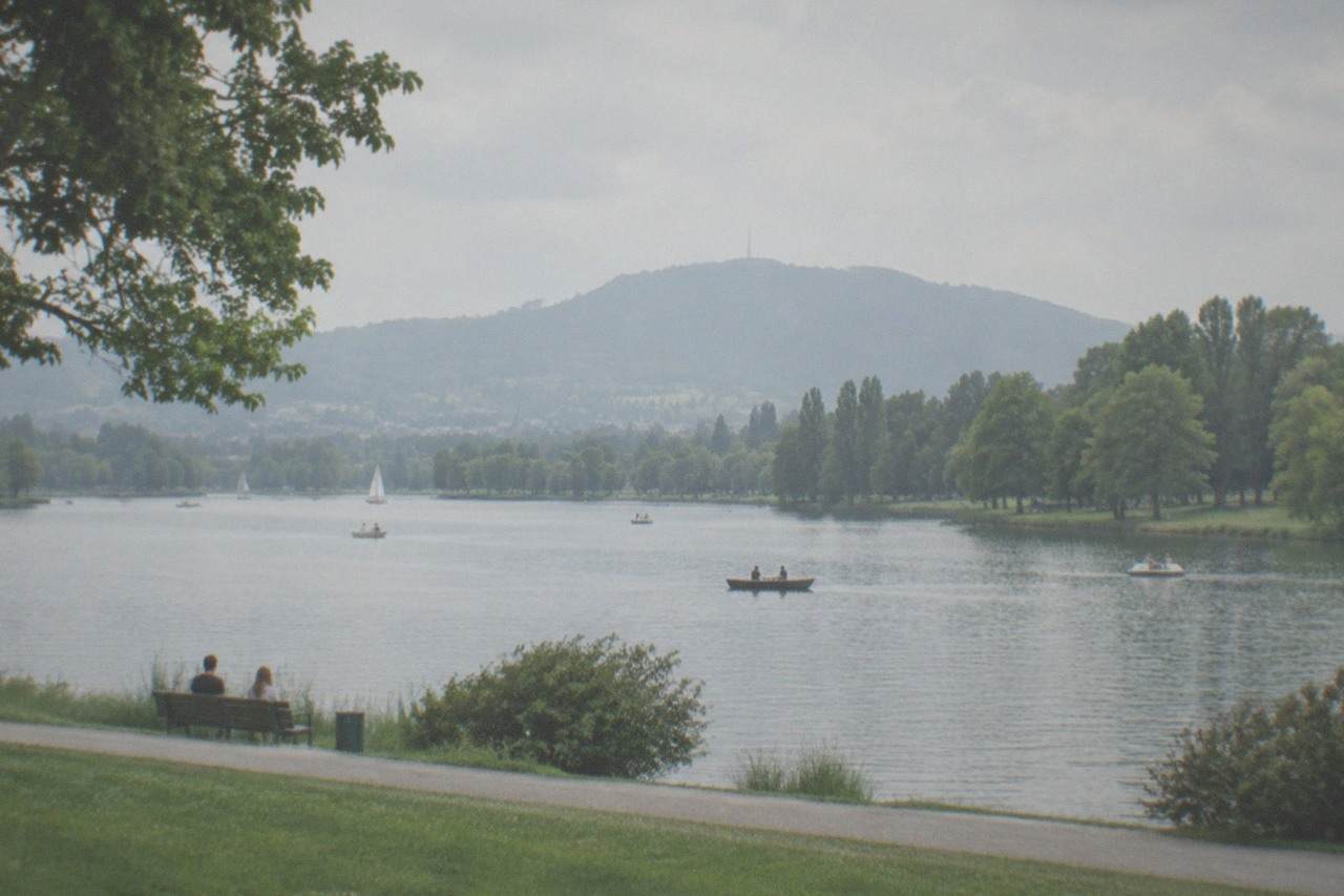 Lake and green shoreline of the Seepark in Freiburg on a calm morning