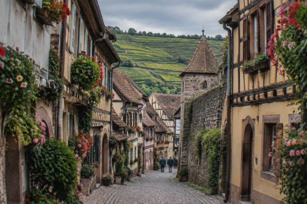 Narrow village street lined with flower-decked half-timbered houses in Alsace
