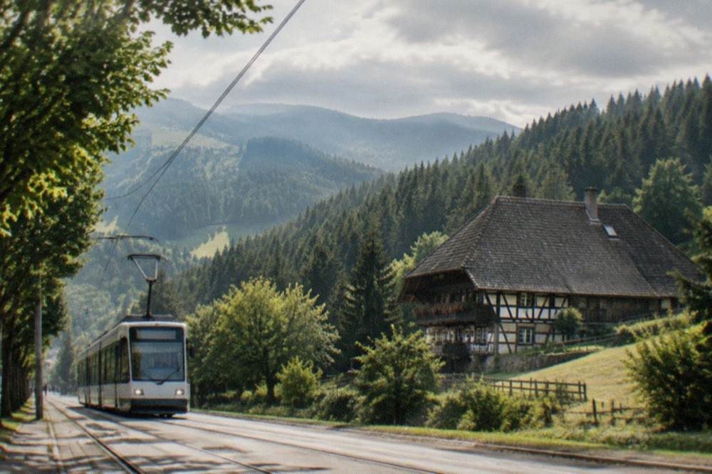 A tram traveling along a tree lined street toward the hills above Freiburg