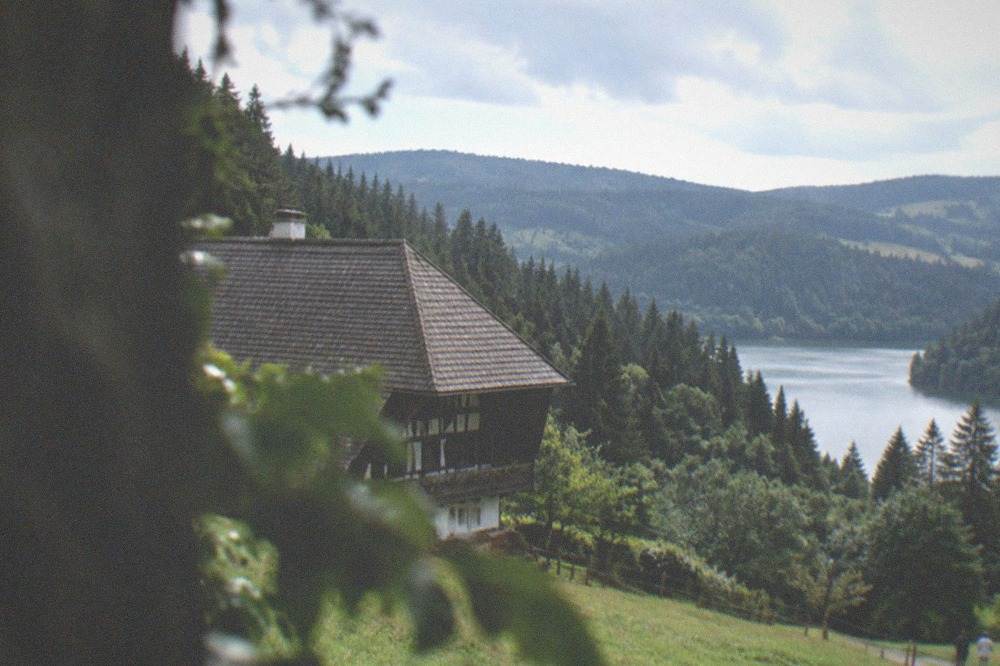 A lake surrounded by forested hills under summer clouds