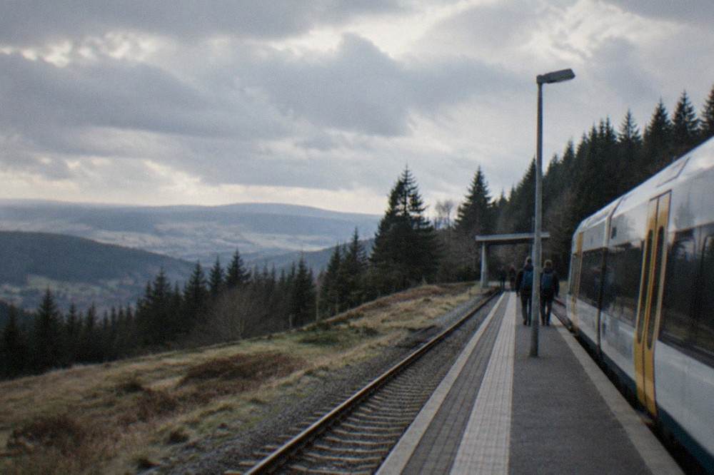 A regional train at a small mountain station platform surrounded by pine forest