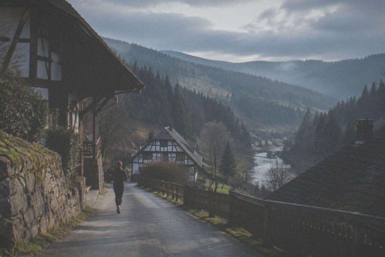 Half-timbered houses and a narrow lane in a small Black Forest town