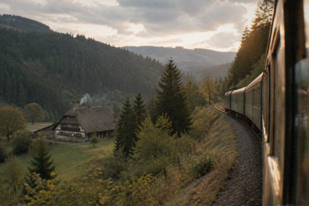 A single-track railway curving between forested hills above a Black Forest valley