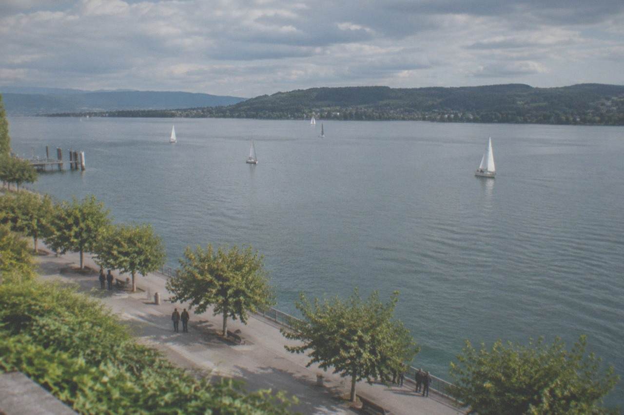 Wide view over Lake Constance with tree covered hills on the far shore and calm water