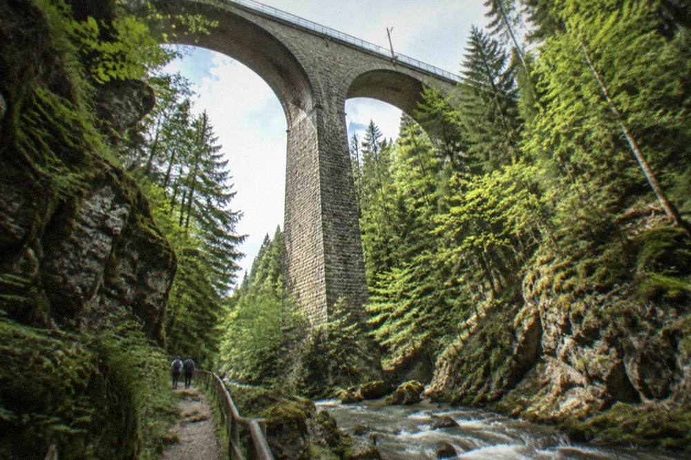 Stone railway arches framed by dense forest above a gorge path