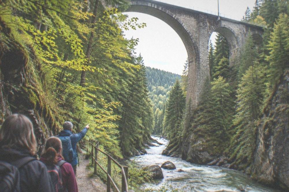 Hikers on a forest path with a guide pointing toward the valley