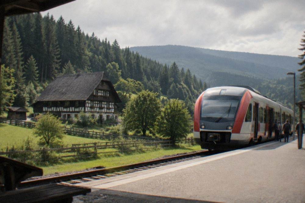 A regional train stopped at a small forest station in the Black Forest highlands