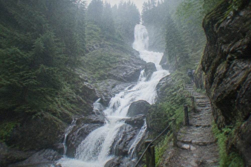 Narrow gorge path beside a cascade with dark rock walls and dense conifers overhead