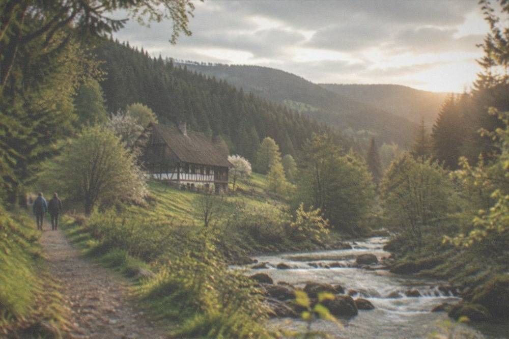 Spring forest trail beside a full stream with fresh green foliage in the Black Forest