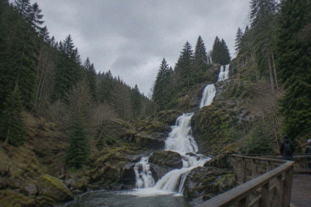 A stepped waterfall falling between mossy rocks and dark conifers