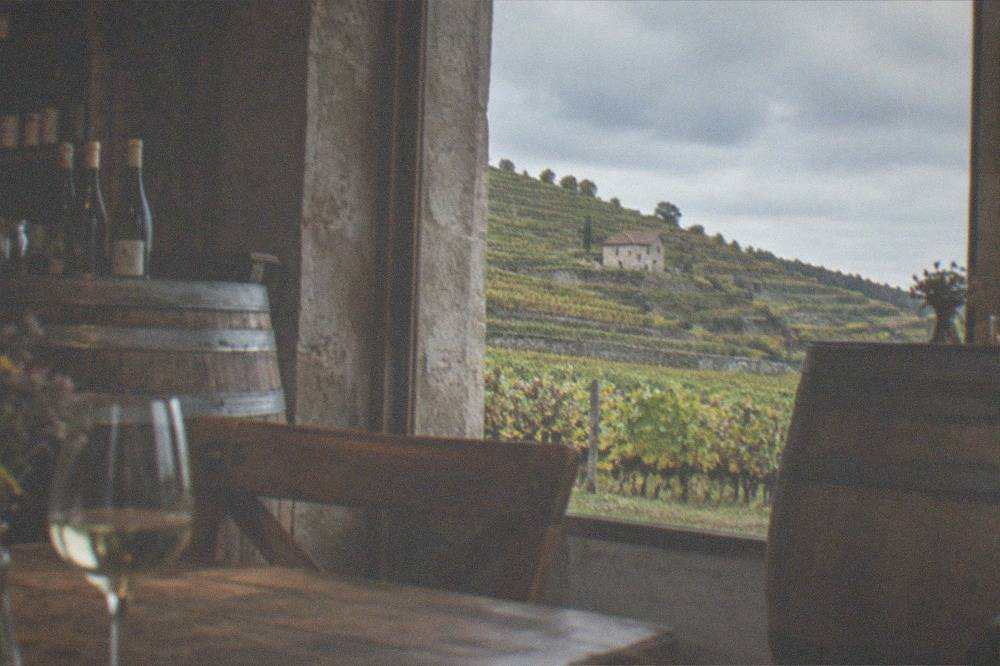 Interior of a small wine tavern with barrels and shelves of bottles
