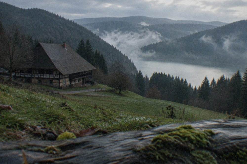 Fog lifting off a lake surrounded by wooded hills in the Black Forest