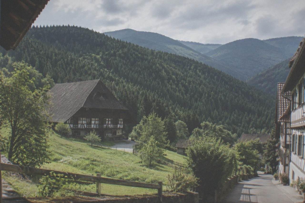 Half-timbered houses on a quiet street in a small Black Forest town