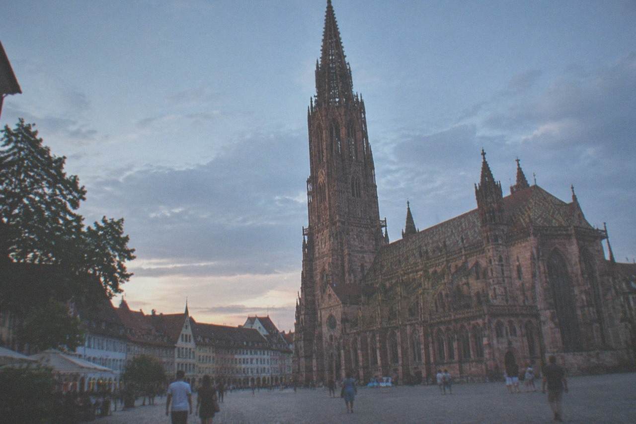 Freiburg minster and old town rooftops under a clear summer sky