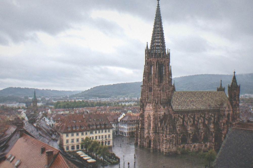 Freiburg Minster tower rising above red-roofed old town buildings in morning light.
