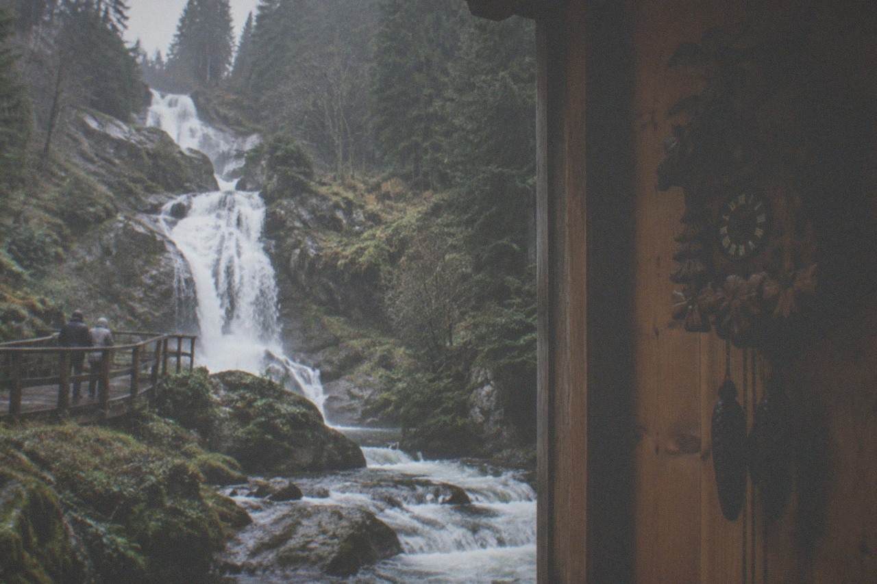 Hand-carved wooden cuckoo clock hanging on a pine-paneled wall in dim workshop light.