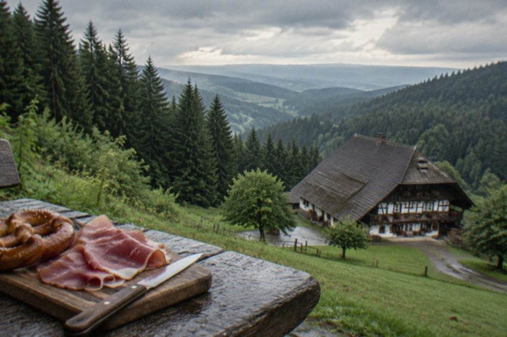 Thin slices of Black Forest ham on a rustic wooden board with a pretzel and a knife