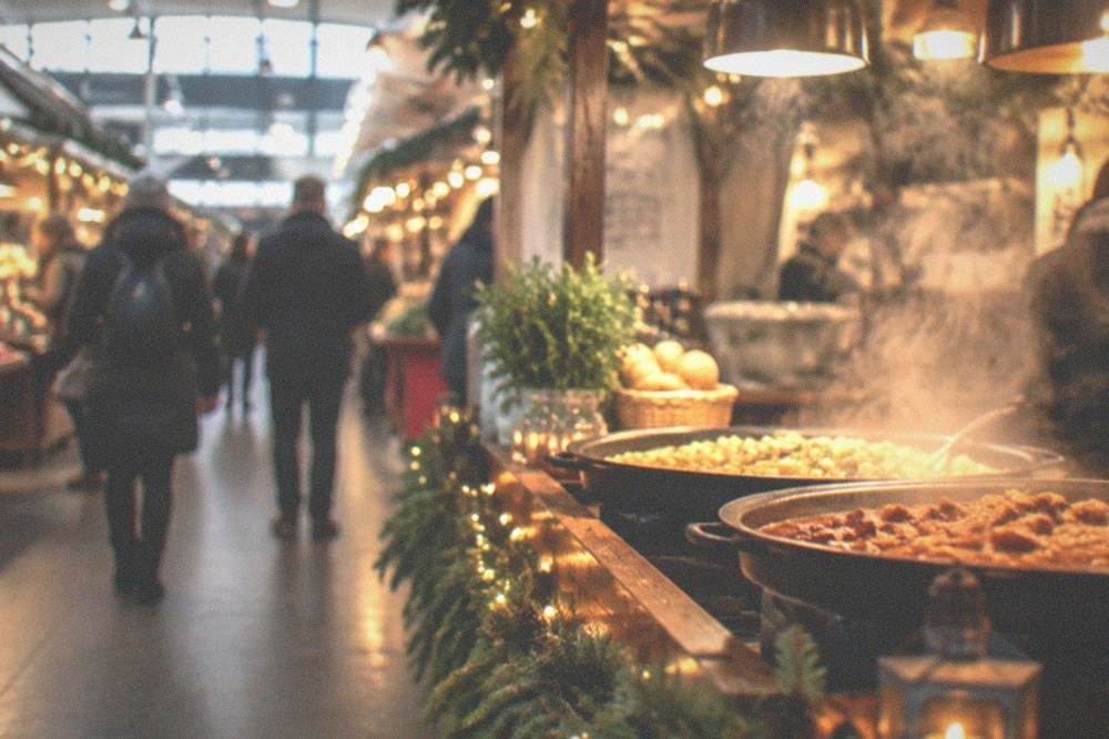 A festive market stand at dusk with warm lights and steam rising from food