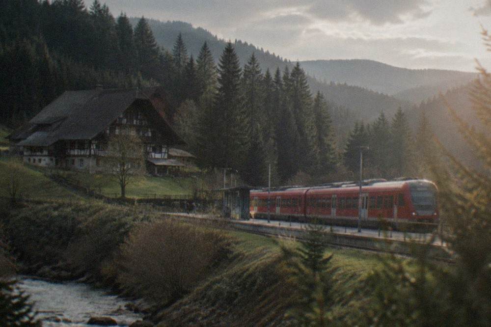 A red regional train beside a small Black Forest station platform with pinecovered slopes behind