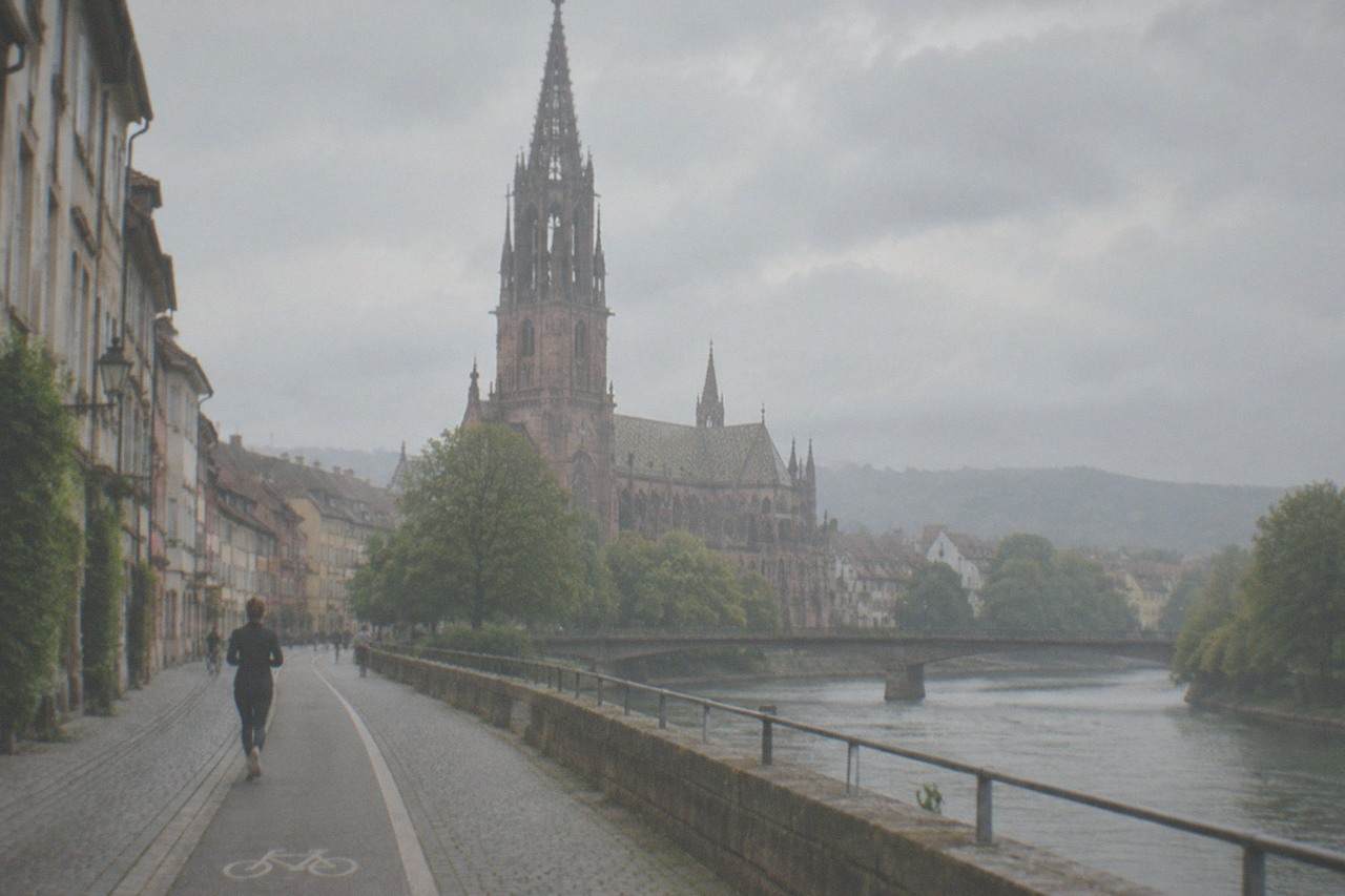 A quiet Freiburg street with a bike lane running alongside old buildings