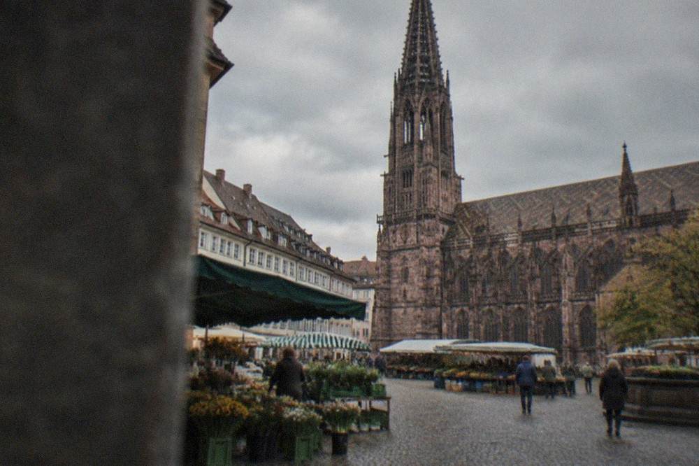 Market stalls with flowers and regional produce beside a Gothic cathedral in a German old town square
