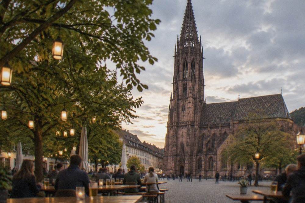 Long communal tables with beer glasses under lanterns and trees in a Freiburg square at dusk