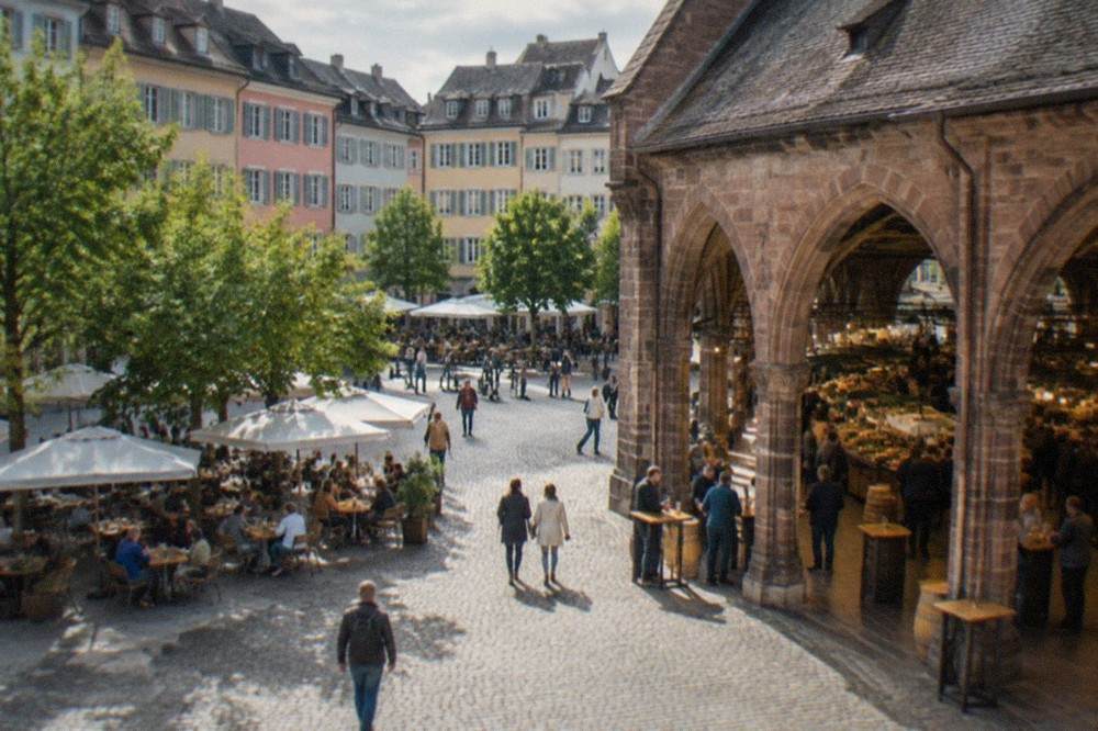 Historic stone market hall interior with food stalls and standing drinkers beside wooden counters