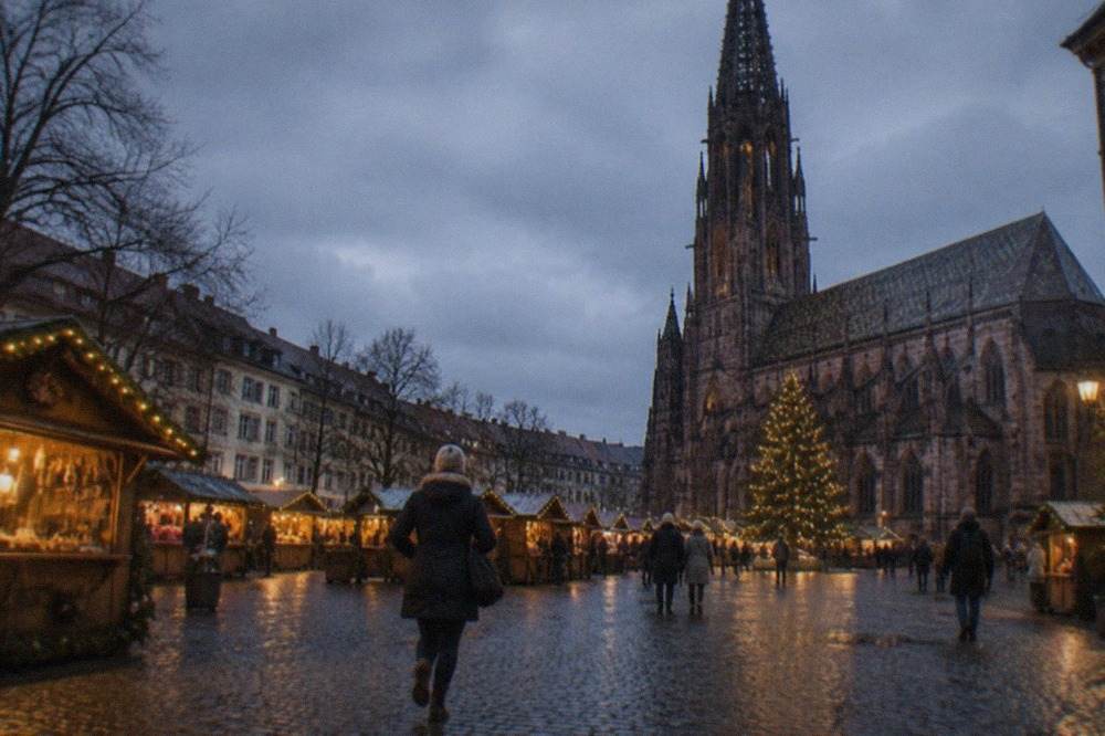 A Christmas market square in Freiburg at dusk with wooden stalls and a lit tree