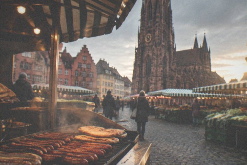 A close view of a stall selling long grilled sausages and flatbread on a cold evening