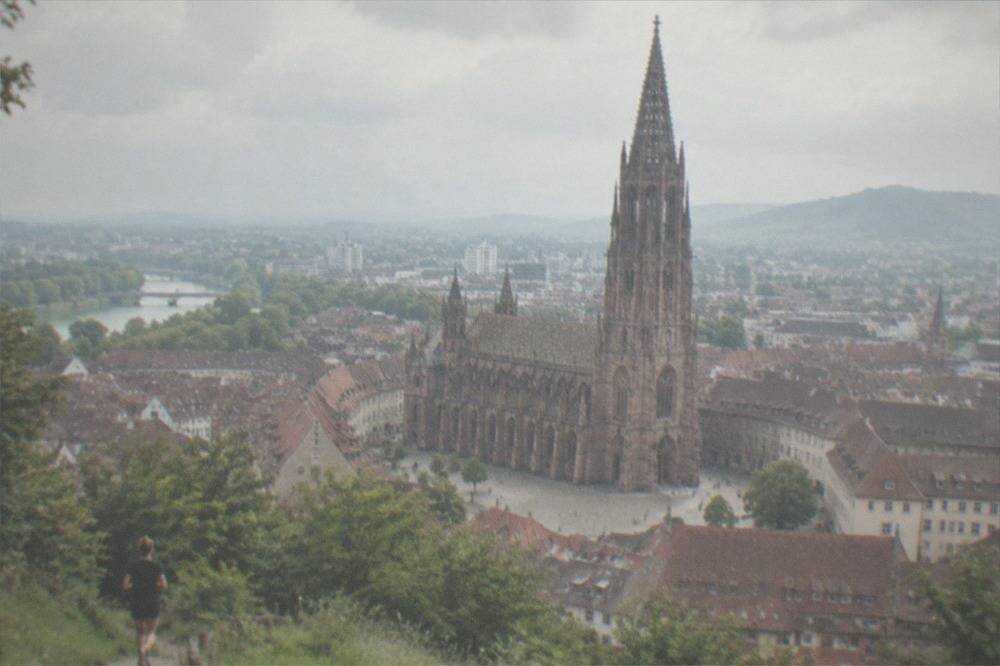View over red rooftops of Freiburg old town toward the minster from a green hillside