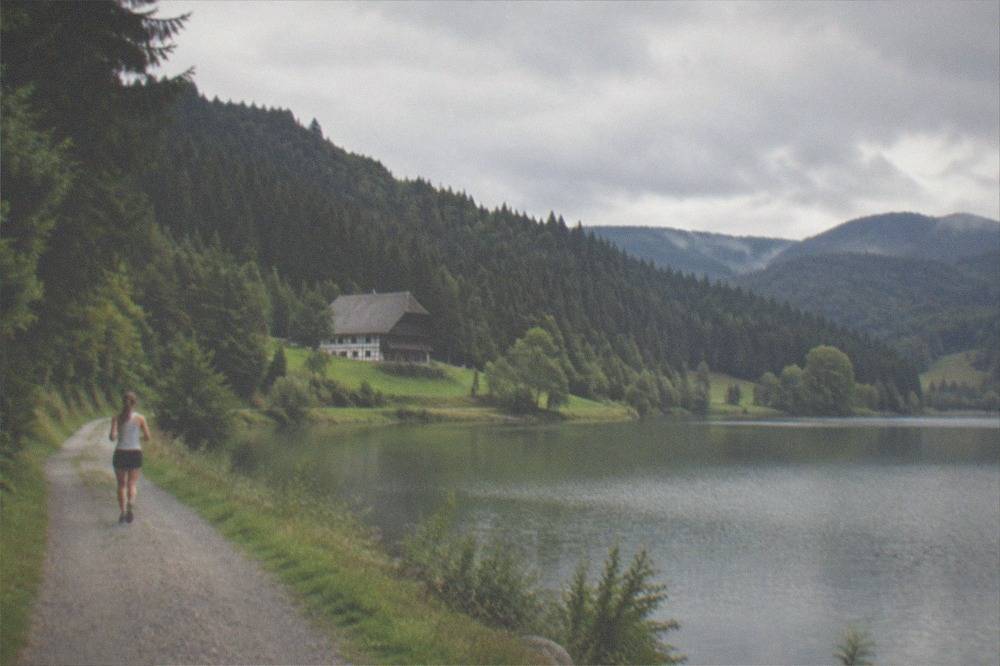 A calm swimming lake surrounded by forest at the edge of the Black Forest