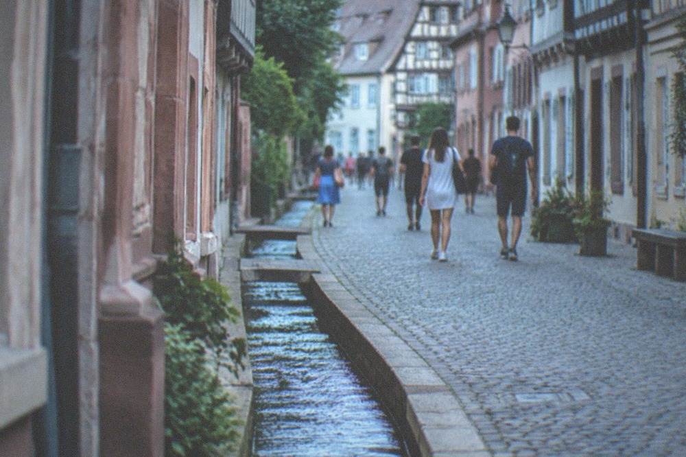 A sunlit Freiburg alley with a flowing bächle gutter beside the cobbles
