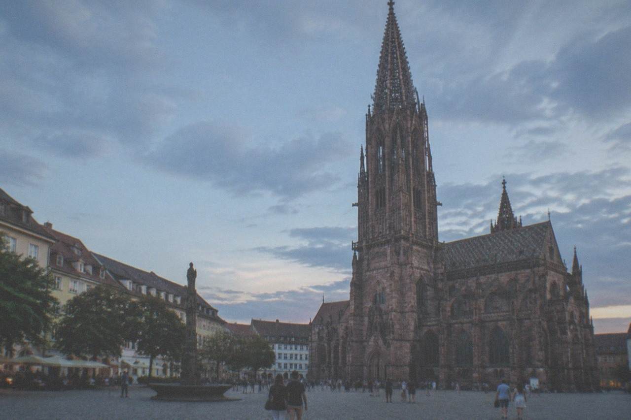 Sunlit Freiburg old town rooftops with the Minster spire under a clear summer sky