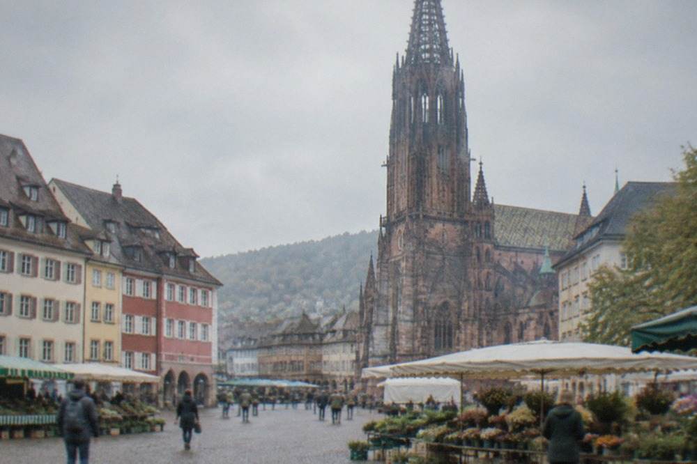 Cobbled Freiburg square with market stalls and historic merchant houses in morning light