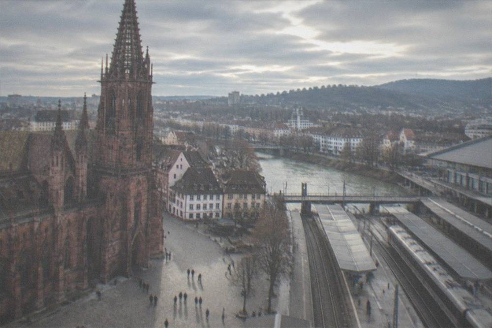 Regional train platform at Freiburg Hauptbahnhof on a clear morning