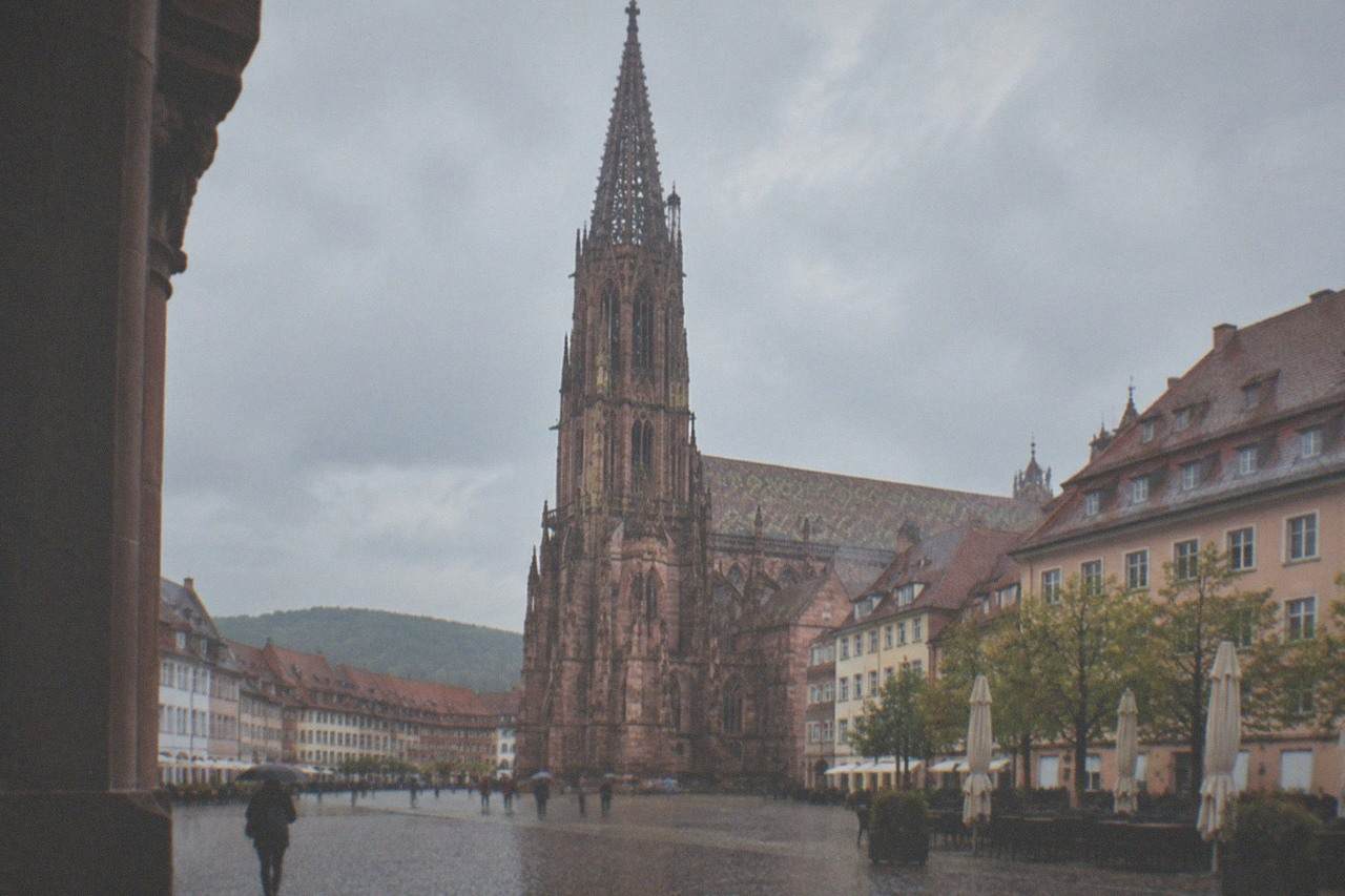 Freiburg Minster rising above the red rooftops of the old town